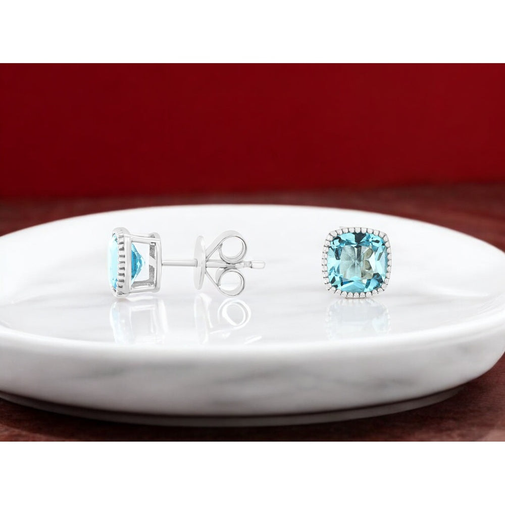 14K White Gold Cushion Cut Blue Topaz Stud Earrings with Milgrain Detail - 2.20 Carat Total Gem Weight - Royal Jewelry