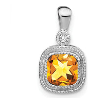 14K White Gold Cushion Cut Citrine and Diamond Pendant - 0.86 Carat Citrine, 0.015 Carat Diamond by Lumare Gioia