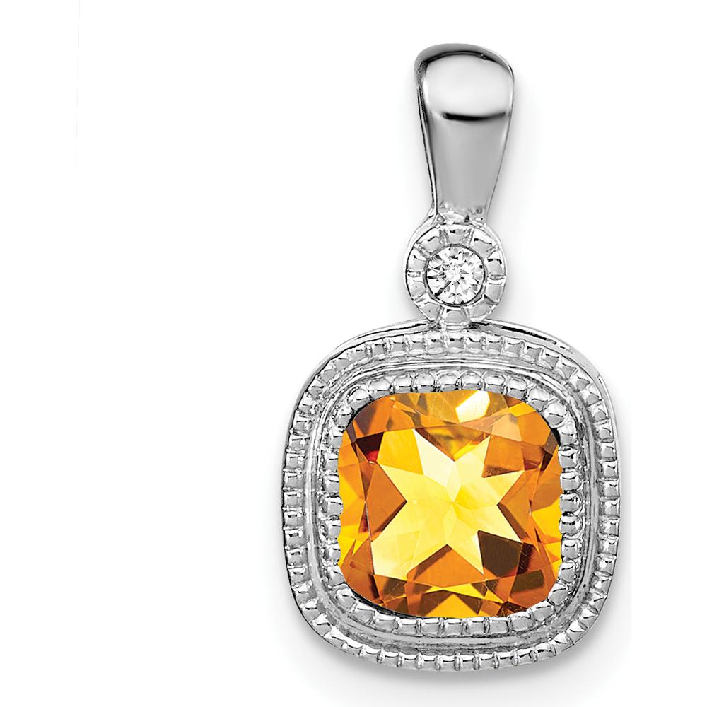 14K White Gold Cushion Cut Citrine and Diamond Pendant - 0.86 Carat Citrine, 0.015 Carat Diamond by Lumare Gioia