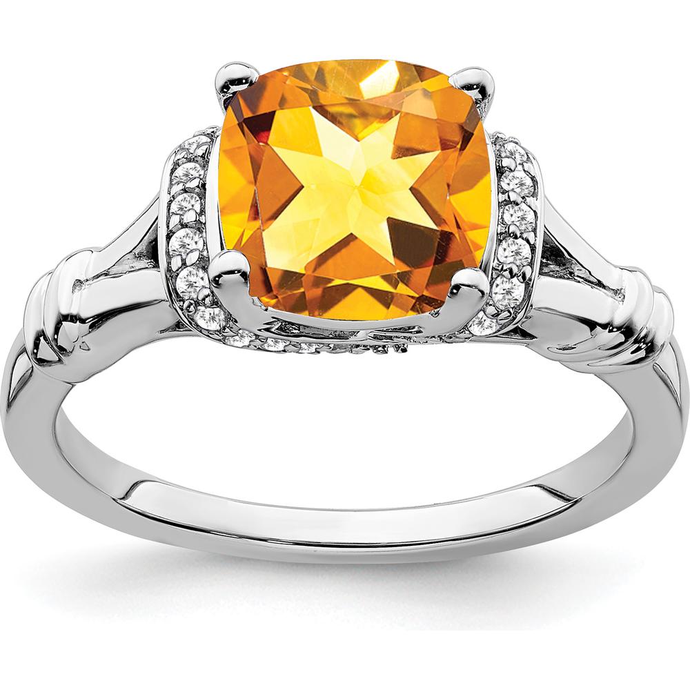 14K White Gold Cushion Cut Citrine and Round Diamond Ring - 1.936 Carat Total Citrine Weight by 0
