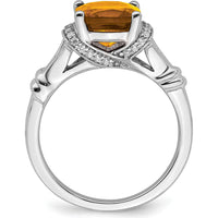 14K White Gold Cushion Cut Citrine and Round Diamond Ring - 1.936 Carat Total Citrine Weight by 0