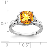 14K White Gold Cushion Cut Citrine and Round Diamond Ring - 1.936 Carat Total Citrine Weight by 0