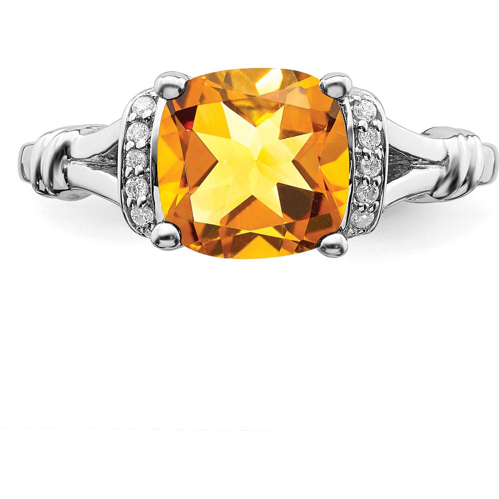 14K White Gold Cushion Cut Citrine and Round Diamond Ring - 1.936 Carat Total Citrine Weight by 0
