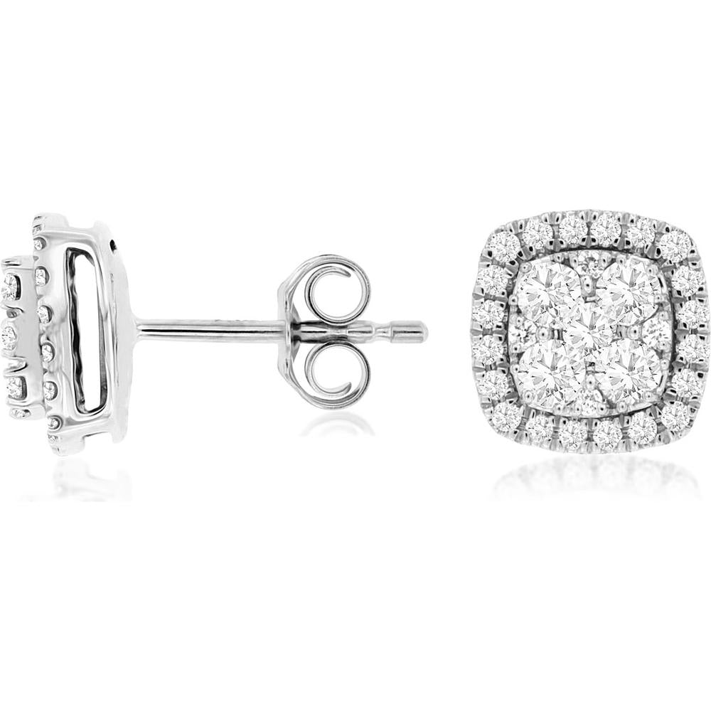 14K White Gold Cushion Cut Diamond Halo Earrings - 0.70 Carats Total Diamond Weight