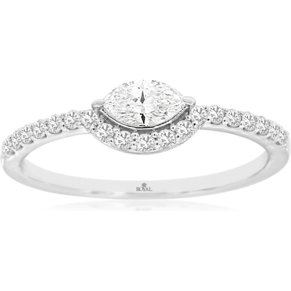 14K White Gold Cushion-Cut Diamond Ring with Pavé-Set Accent Band - 0.45 Carat Total Diamond Weight - Royal Jewelry