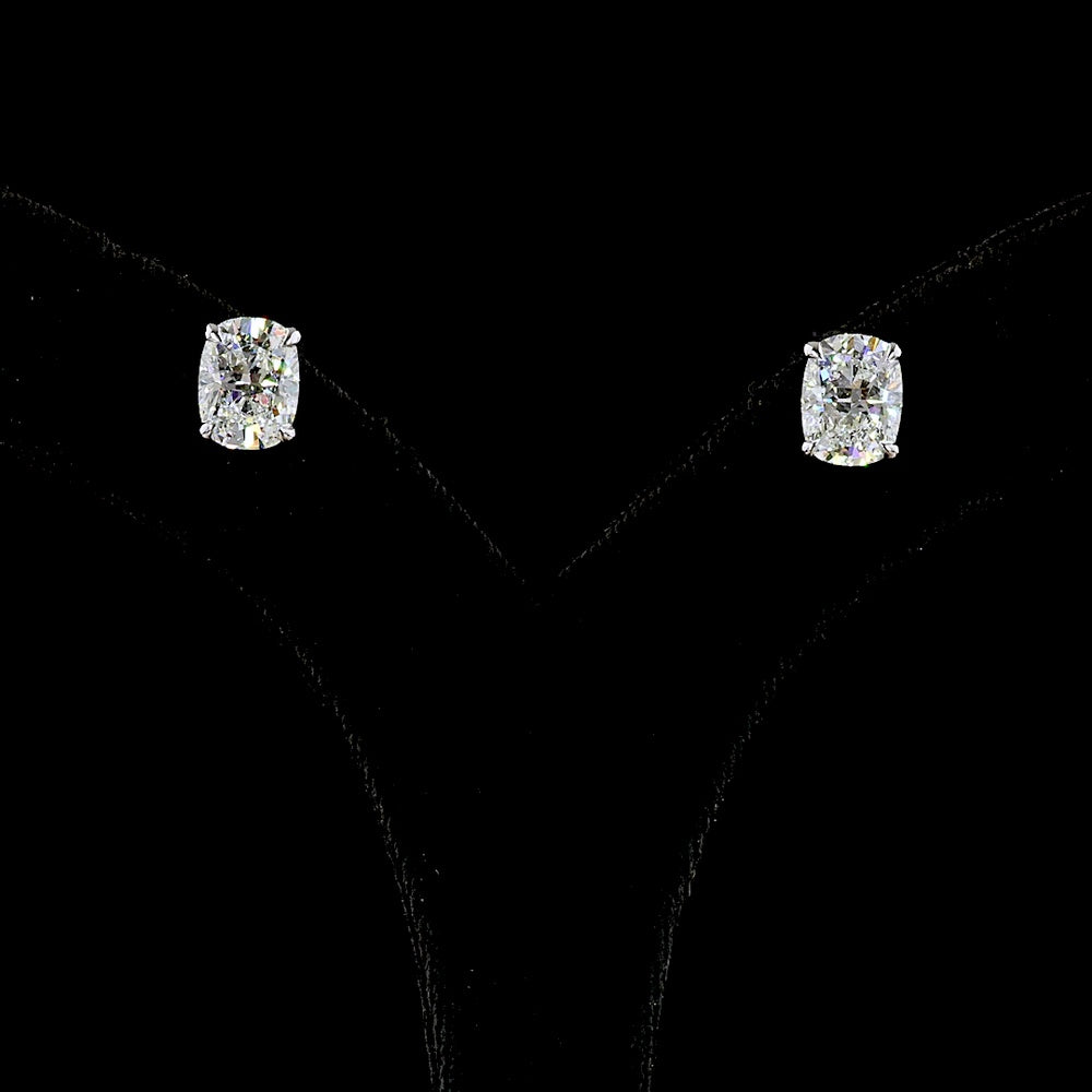 14K White Gold Cushion Cut Diamond Stud Earrings with Prong Setting - 4.59 Carat Total Weight (Lab Grown D VS1 and E VVS2) - Covaloro Fine Jewelry