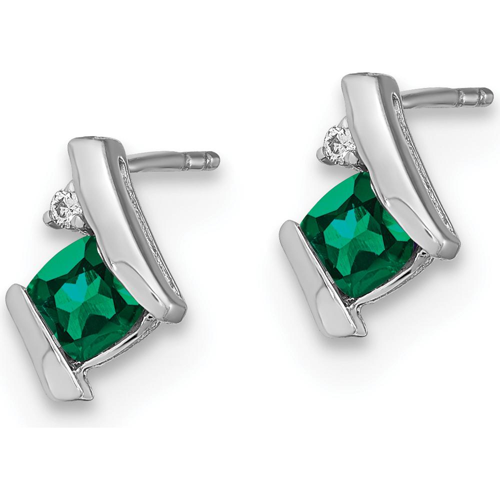 14K White Gold Cushion Cut Emerald and Diamond Earrings - 4mm Emerald & 0.025 Carat Diamond Total Weight by Oro Pregiato