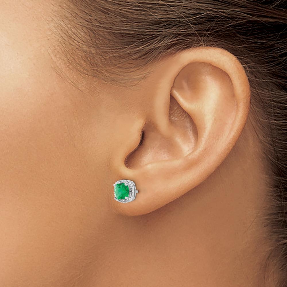 14K White Gold Cushion Cut Emerald and Diamond Halo Earrings - 0.775 Carat Total Emerald Weight by Monteluci Fine Jewelry