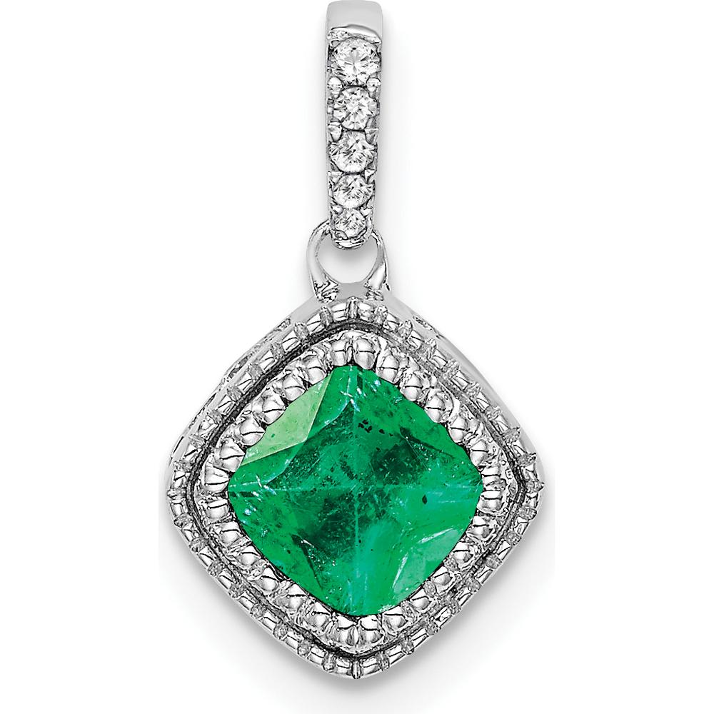 14K White Gold Cushion Cut Emerald and Diamond Pendant with Milgrain Detail - 0.45 Carat Total Gemstone Weight by Lumare Gioia