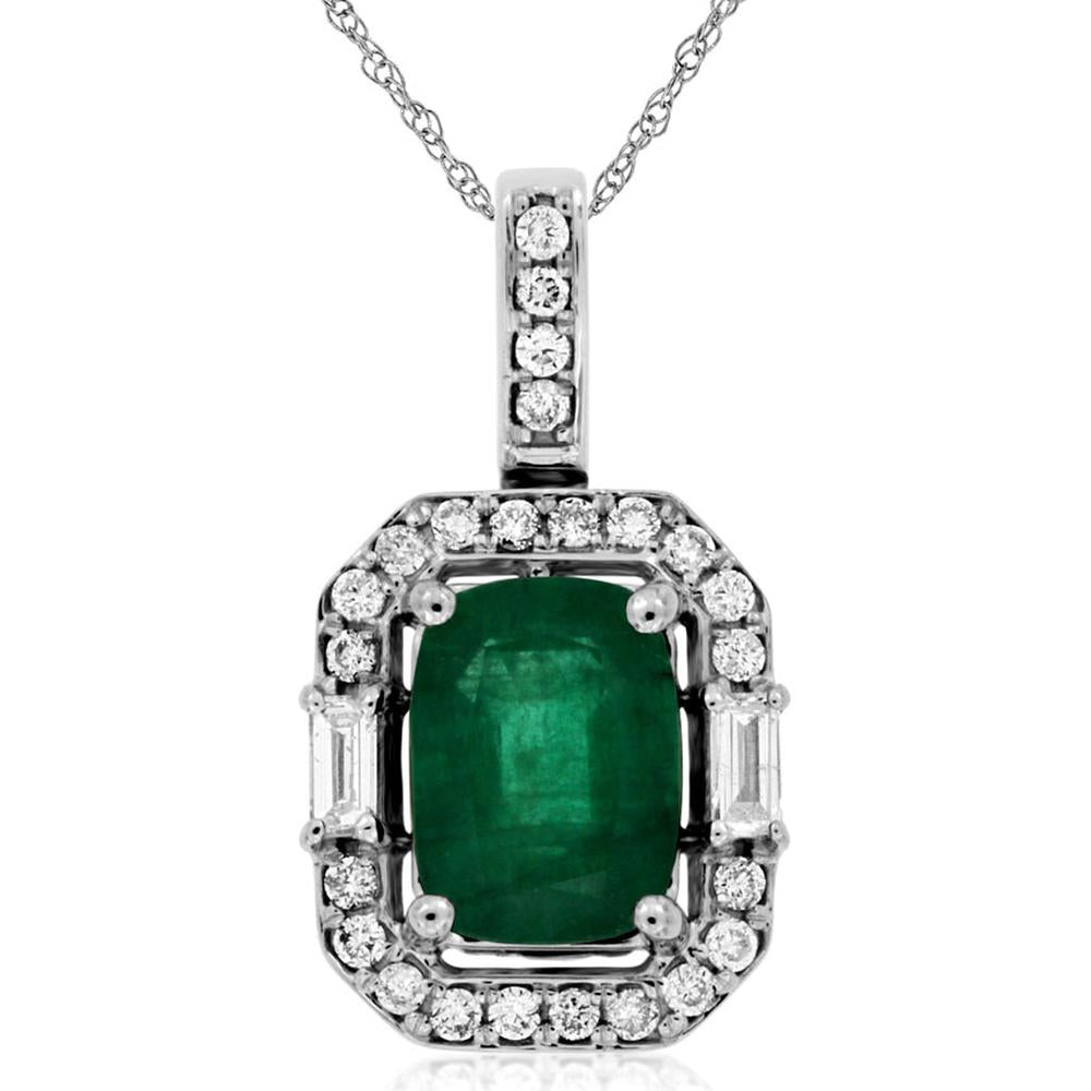 14K White Gold Cushion Cut Emerald Pendant with Baguette and Round Diamond Halo - 1.60 Carat Emerald and 0.27 Carat Total Diamond Weight - Royal Jewelry