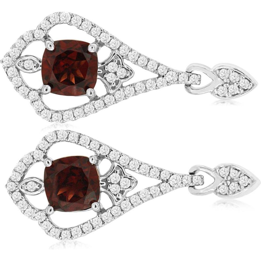 14K White Gold Cushion-Cut Garnet and Diamond Halo Drop Earrings - Total 1.40 Carat Garnet and 0.38 Carat Diamond - Royal Jewelry