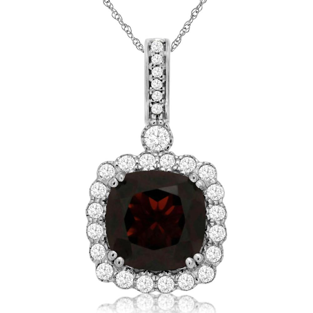 14K White Gold Cushion Cut Garnet and Diamond Halo Pendant - 3.50 Carat Garnet and 0.37 Carat Total Diamond Weight - Royal Jewelry