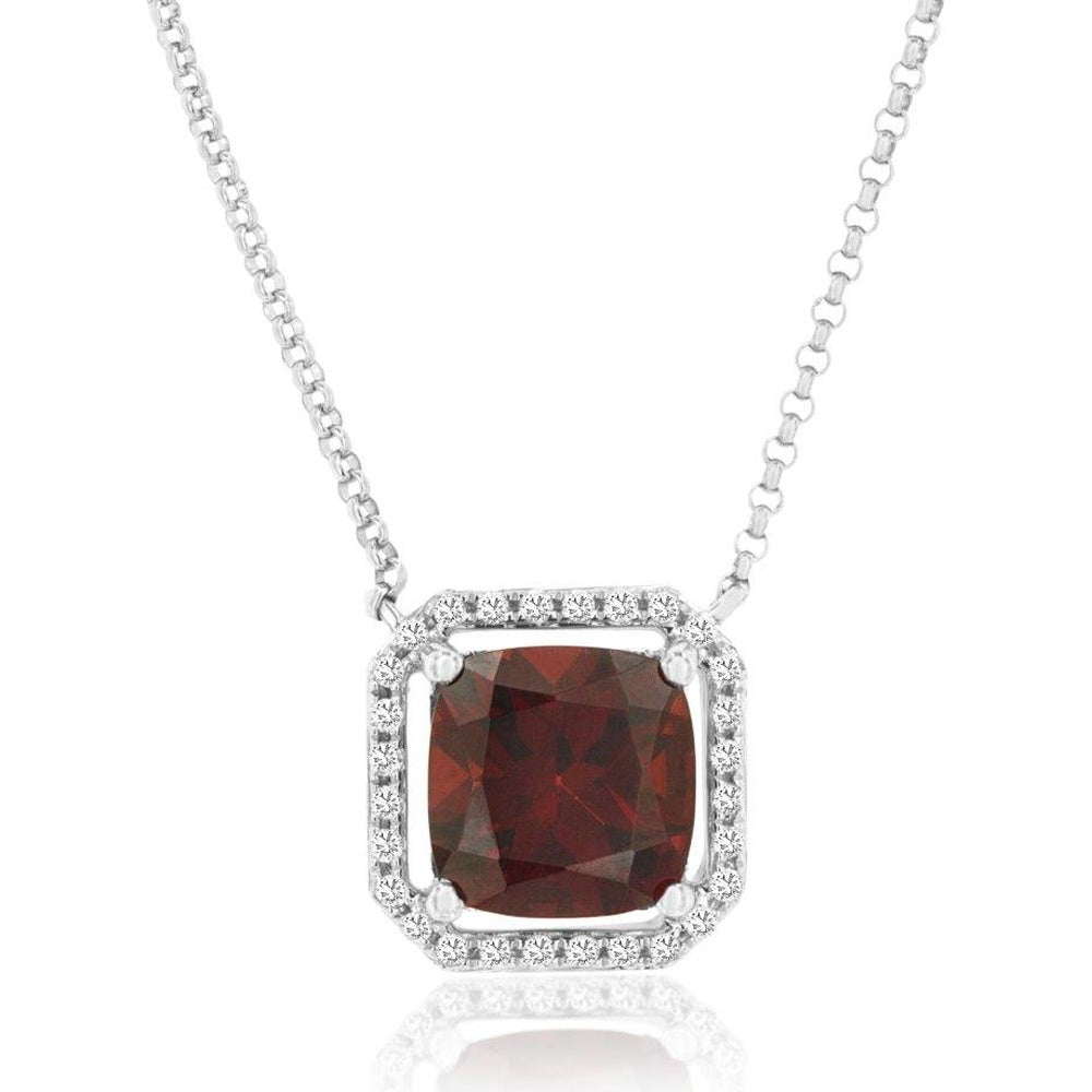 14K White Gold Cushion-Cut Garnet Halo Pendant Necklace with Round Diamonds - 2.70 Carat Garnet and 0.14 Carat Total Diamond Weight - Royal Jewelry