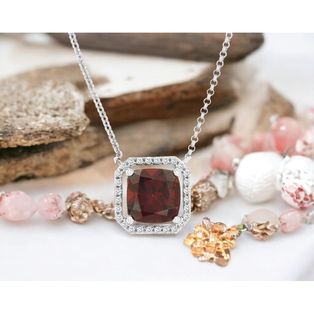 14K White Gold Cushion-Cut Garnet Halo Pendant Necklace with Round Diamonds - 2.70 Carat Garnet and 0.14 Carat Total Diamond Weight - Royal Jewelry