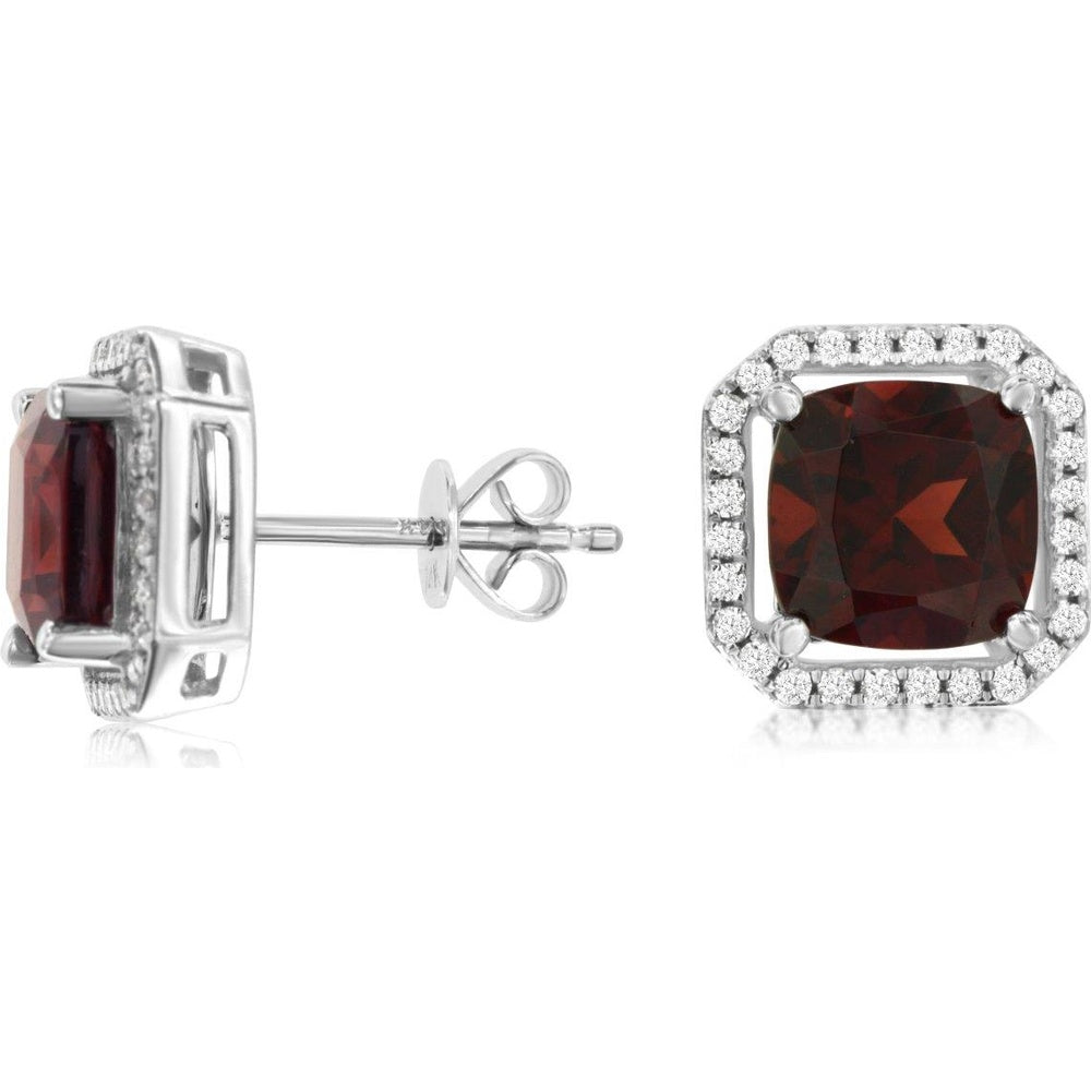 14K White Gold Cushion Cut Garnet Stud Earrings with Diamond Halo and Milgrain Detail - 3.30 Carat Total Garnet Weight and 0.29 Carat Total Diamond Weight - Royal Jewelry