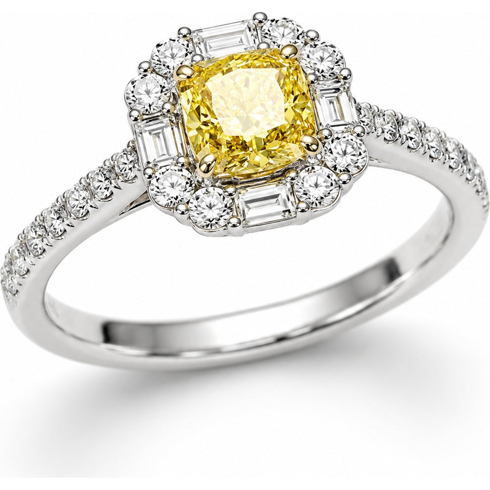 14K White Gold Cushion Cut Halo Ring with Fancy Yellow Lab Grown Diamonds and Baguette Accents - 1.65 Carat Total Diamond Weight by Auriventus