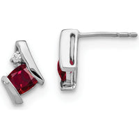 14K White Gold Cushion-Cut Lab Created Ruby and Round Diamond Button Earrings - 0.025 Carat Total Diamond Weight by Oro Pregiato