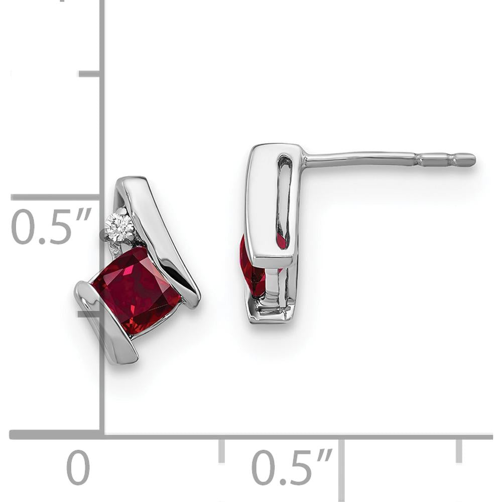14K White Gold Cushion-Cut Lab Created Ruby and Round Diamond Button Earrings - 0.025 Carat Total Diamond Weight by Oro Pregiato