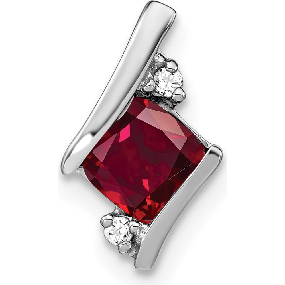 14K White Gold Cushion Cut Lab-Created Ruby and Round Diamond Chain Slide Pendant by Oro Pregiato