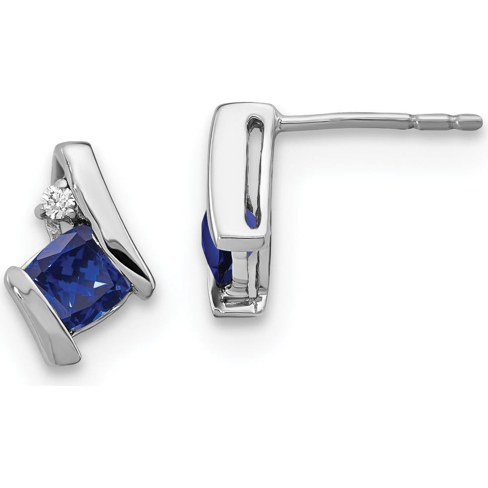 14K White Gold Cushion Cut Lab-Created Sapphire and Diamond Earrings - 0.025 Carat Total Diamond Weight by Oro Pregiato