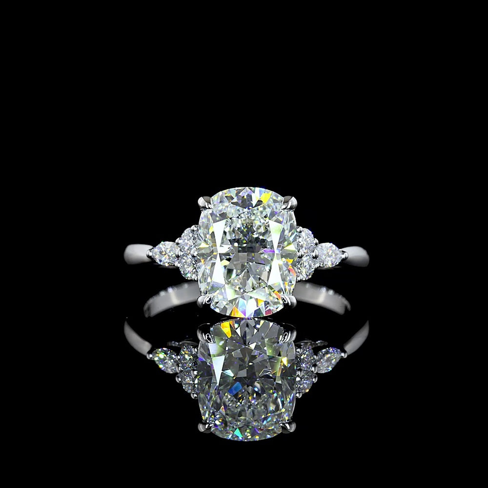 14K White Gold Cushion Cut Lab Diamond Cluster Ring with Mixed Shape Marquise and Round Accents - 3.36 Carat Total Diamond Weight IGI Certified D VVS2 - Covaloro Fine Jewelry