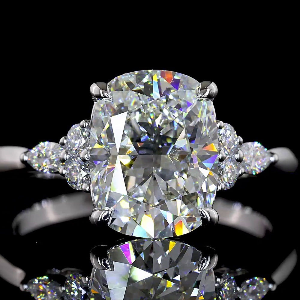 14K White Gold Cushion Cut Lab Diamond Cluster Ring with Mixed Shape Marquise and Round Accents - 3.36 Carat Total Diamond Weight IGI Certified D VVS2 - Covaloro Fine Jewelry