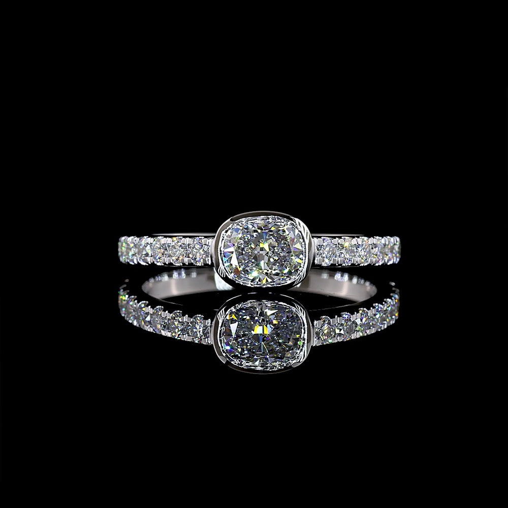 14K White Gold Cushion Cut Lab Diamond Solitaire Ring with East West Bezel Set Center and Diamond Shank - 0.83 Carat Total Weight - Covaloro Fine Jewelry