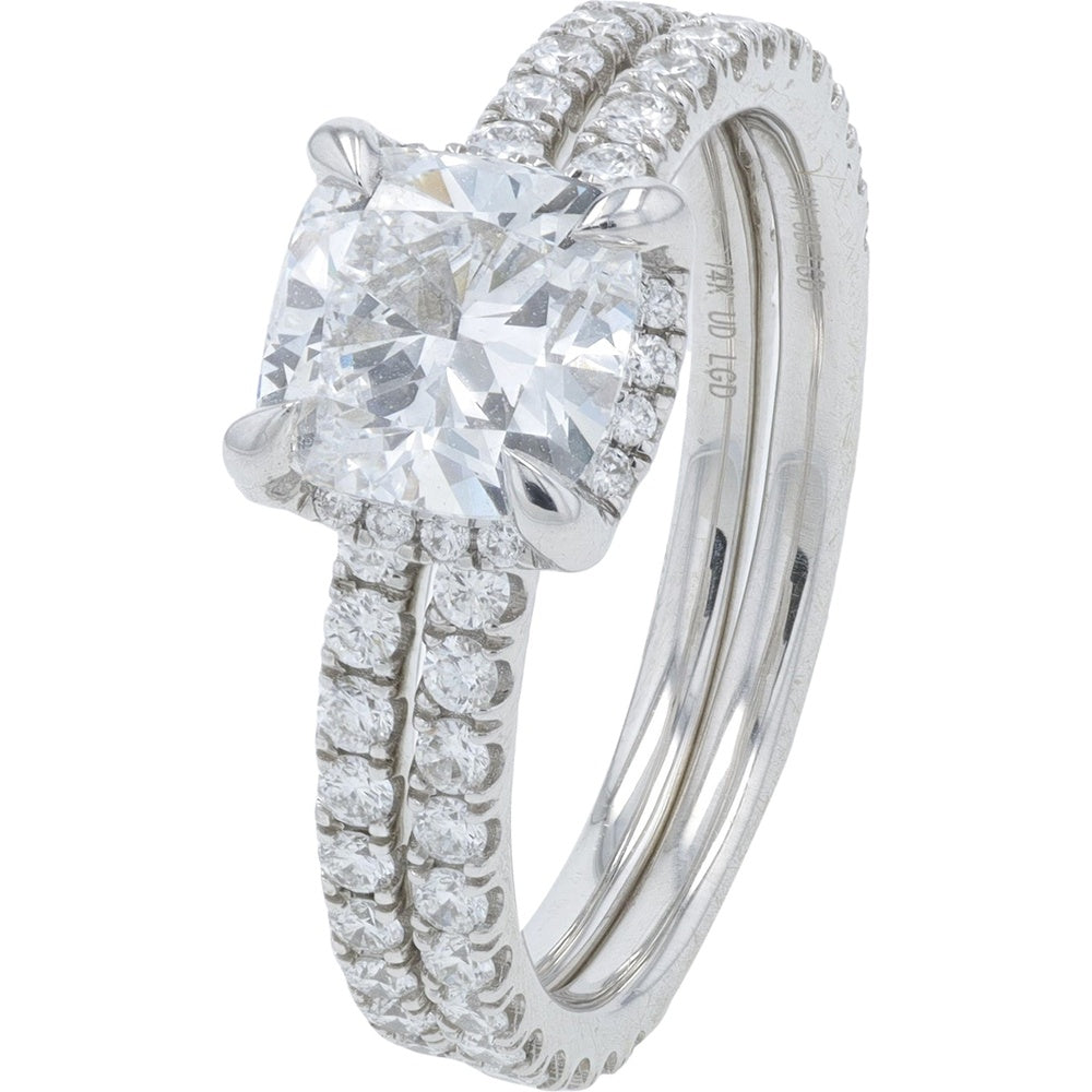 14K White Gold Cushion-Cut Lab Grown Diamond Bridal Set with Double Pave Shank and Halo Setting - 2.30 Carat Total Diamond Weight