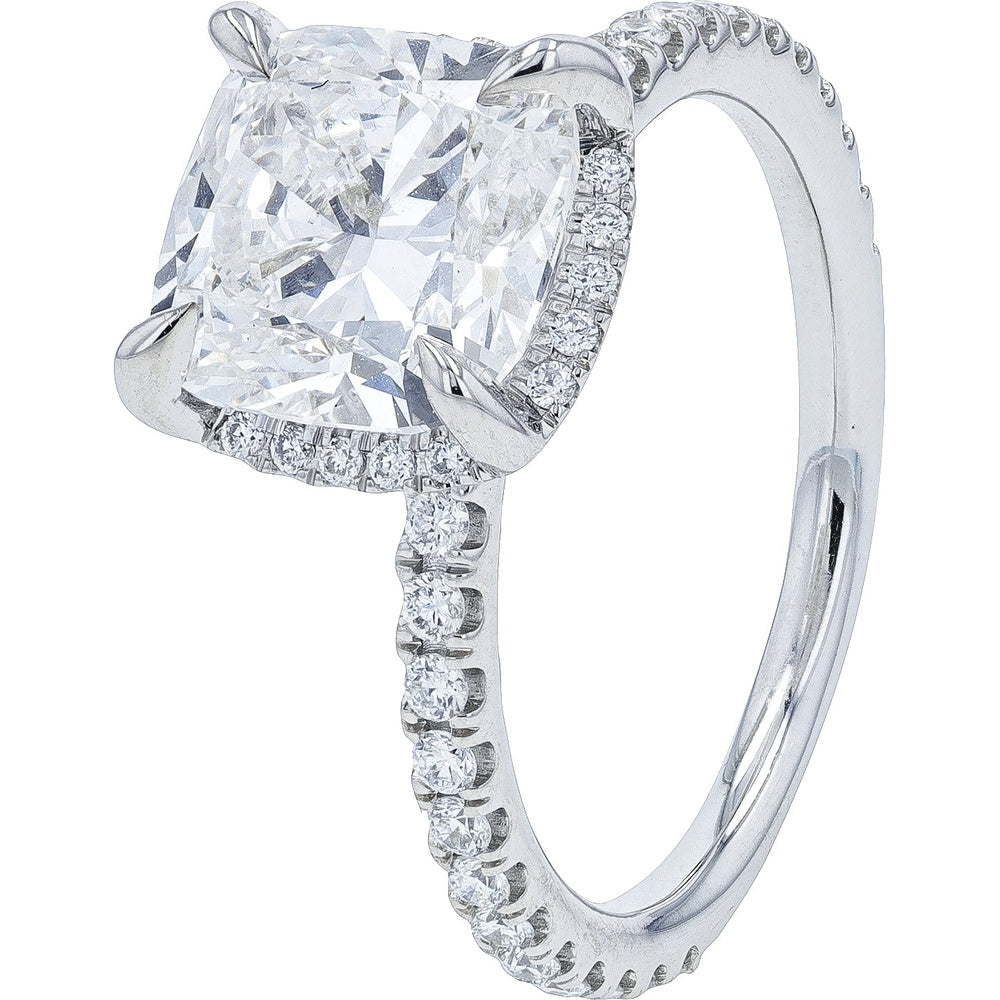 14K White Gold Cushion Cut Lab Grown Diamond Engagement Ring with Hidden Halo Accents - 3.50 Carat Total Diamond Weight
