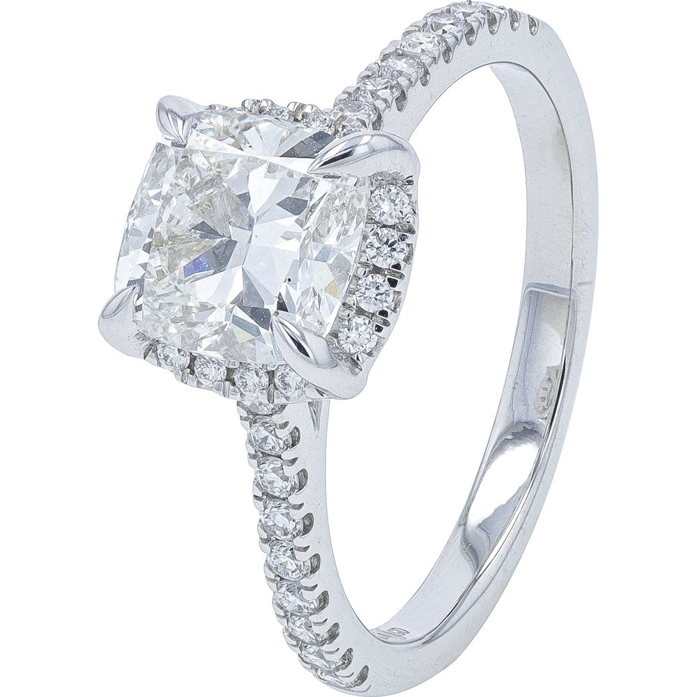 14K White Gold Cushion-Cut Lab Grown Diamond Engagement Ring with Hidden Halo and Pavé Band - 2.00 Carat Total Diamond Weight