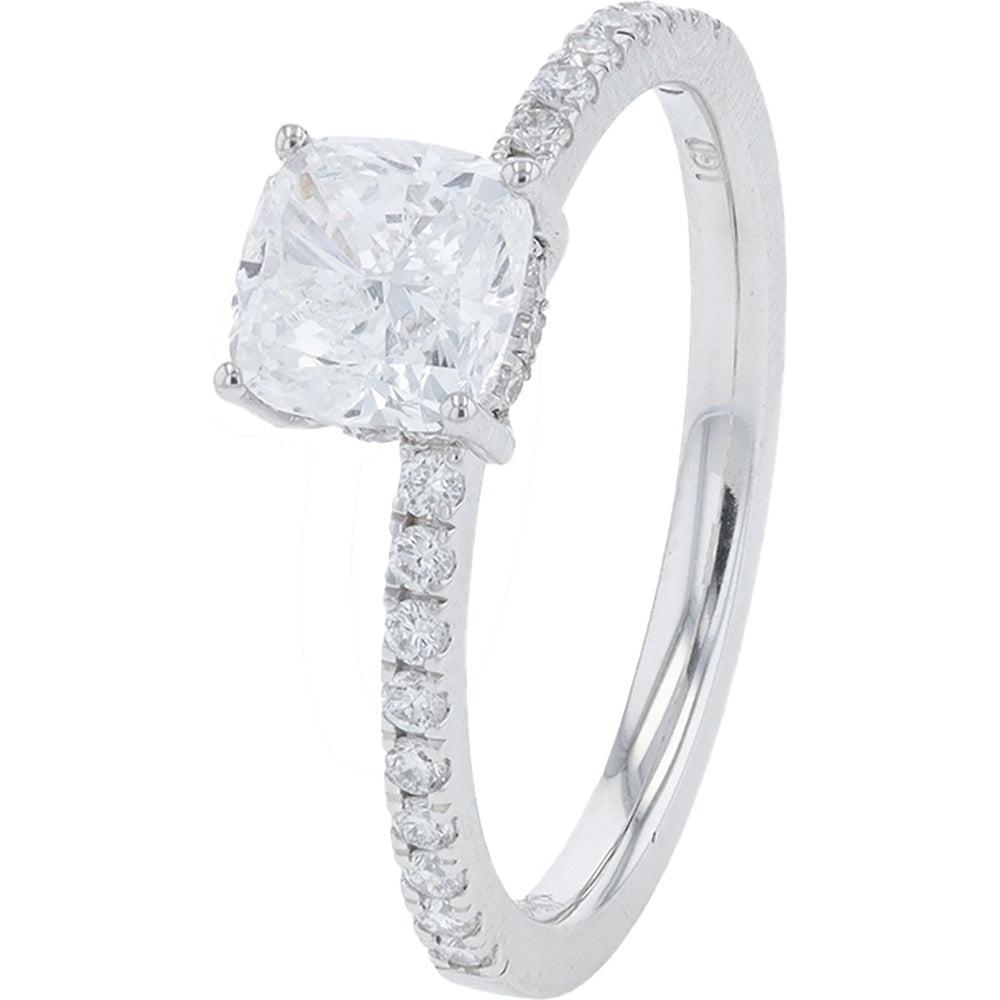 14K White Gold Cushion-Cut Lab Grown Diamond Engagement Ring with Pavé Band - 1.25 Carat Total Diamond Weight