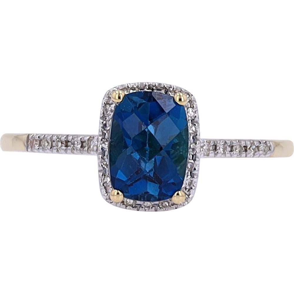 14K White Gold Cushion-Cut London Blue Topaz Halo Ring with Pavé-Set Diamonds - 0.10 Carats Total Diamond Weight