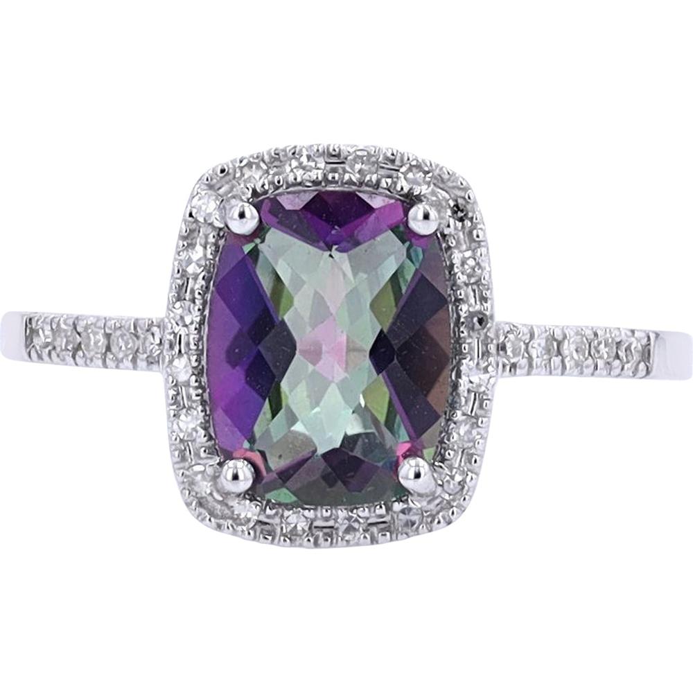 14K White Gold Cushion-Cut Mystic Topaz & Diamond Halo Ring - 0.12 Carats Total Diamond Weight