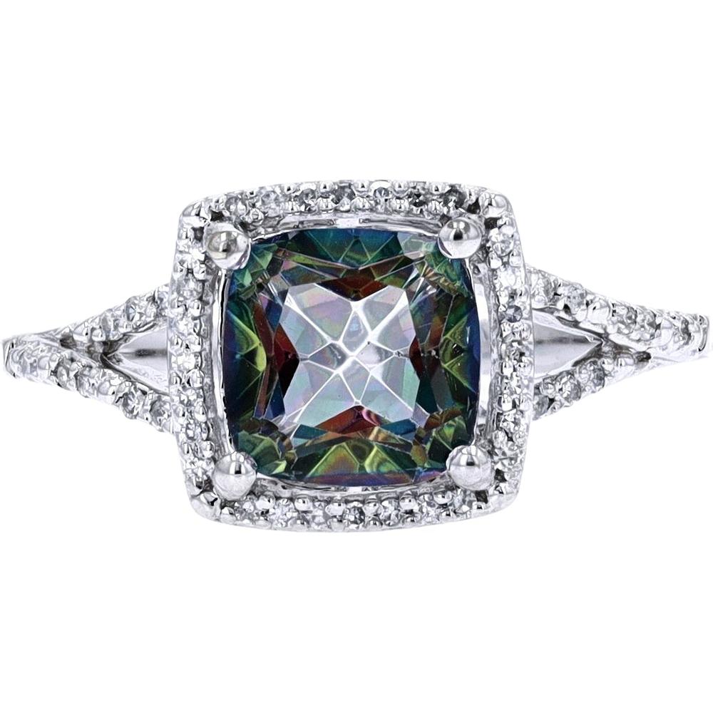14K White Gold Cushion-Cut Mystic Topaz Halo Ring with Diamond Accents - 0.13 Carats Total Diamond Weight