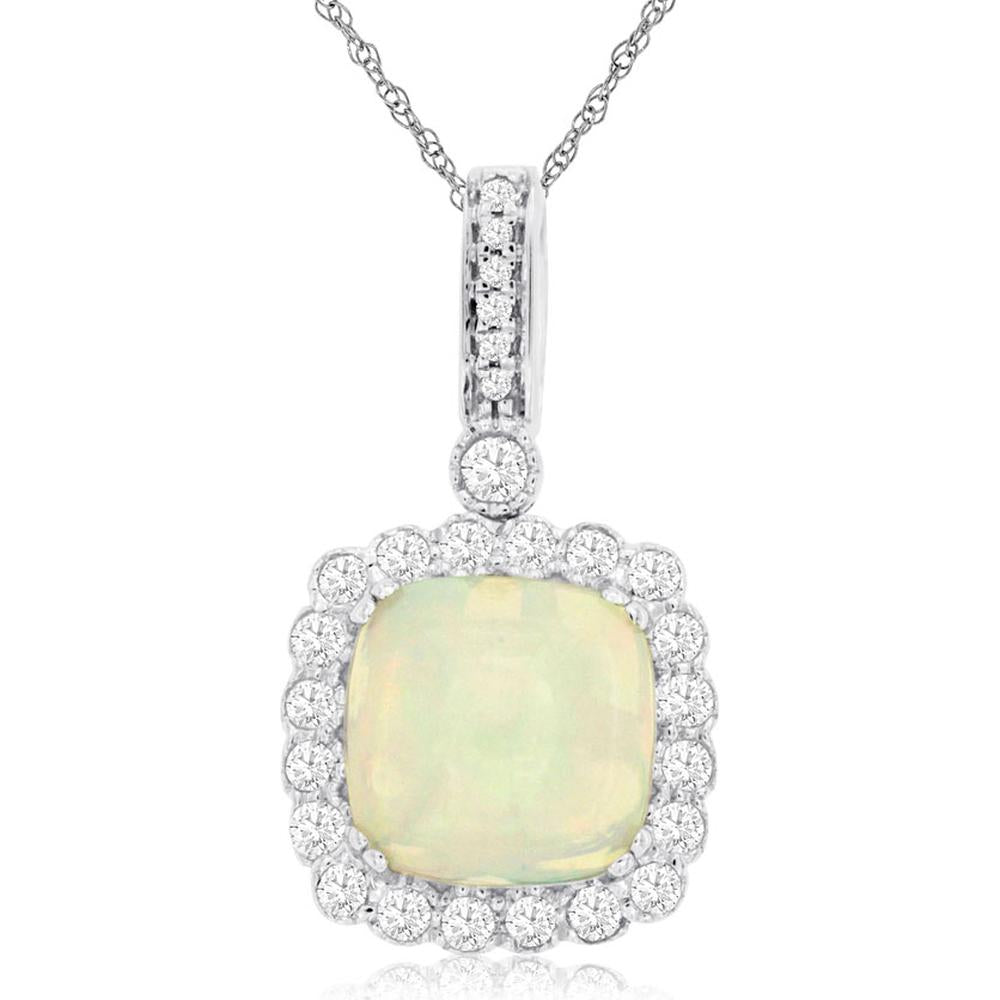14K White Gold Cushion Cut Opal Pendant with Round Diamond Halo and Diamond-Accented Bail - 1.70 Carat Opal and 0.37 Carat Diamond Total Weight - Royal Jewelry