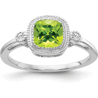 14K White Gold Cushion Cut Peridot and Diamond Accent Ring - 0.89 Carat Peridot, 0.03 Carat Total Diamond Weight by 0