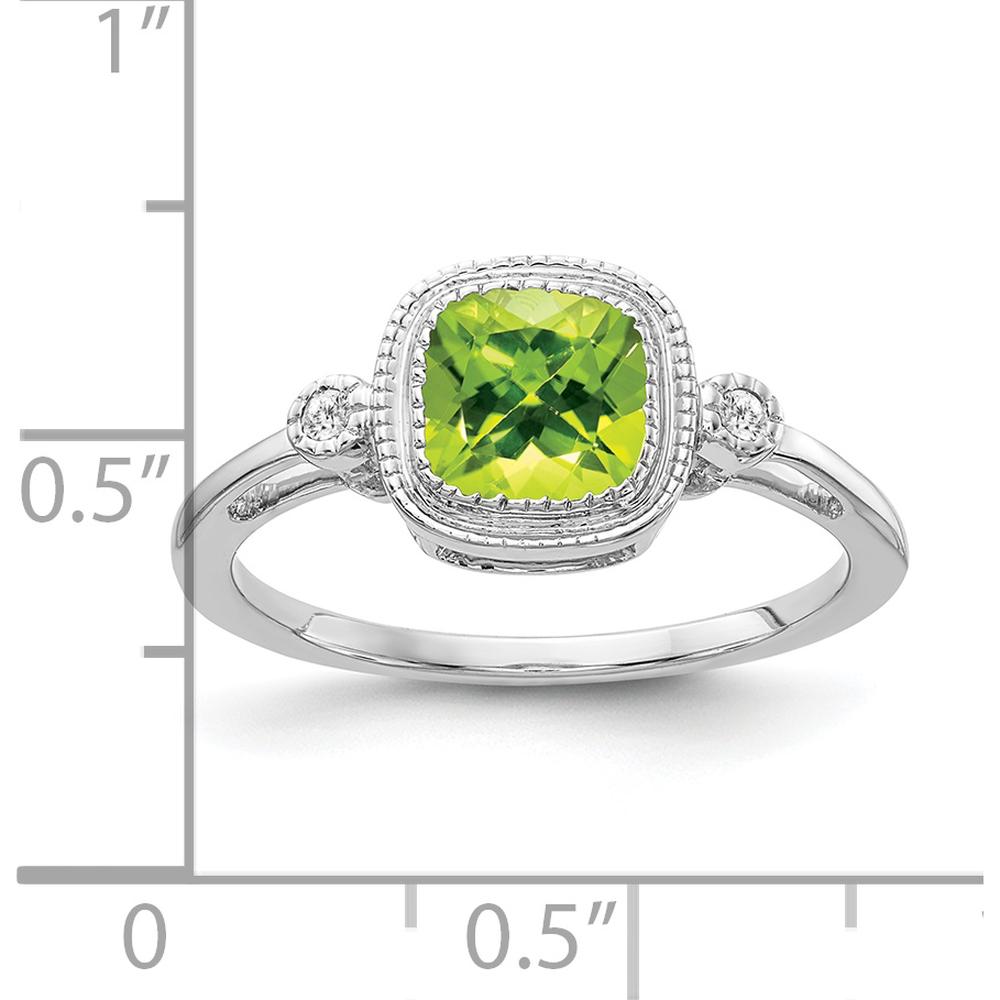 14K White Gold Cushion Cut Peridot and Diamond Accent Ring - 0.89 Carat Peridot, 0.03 Carat Total Diamond Weight by 0