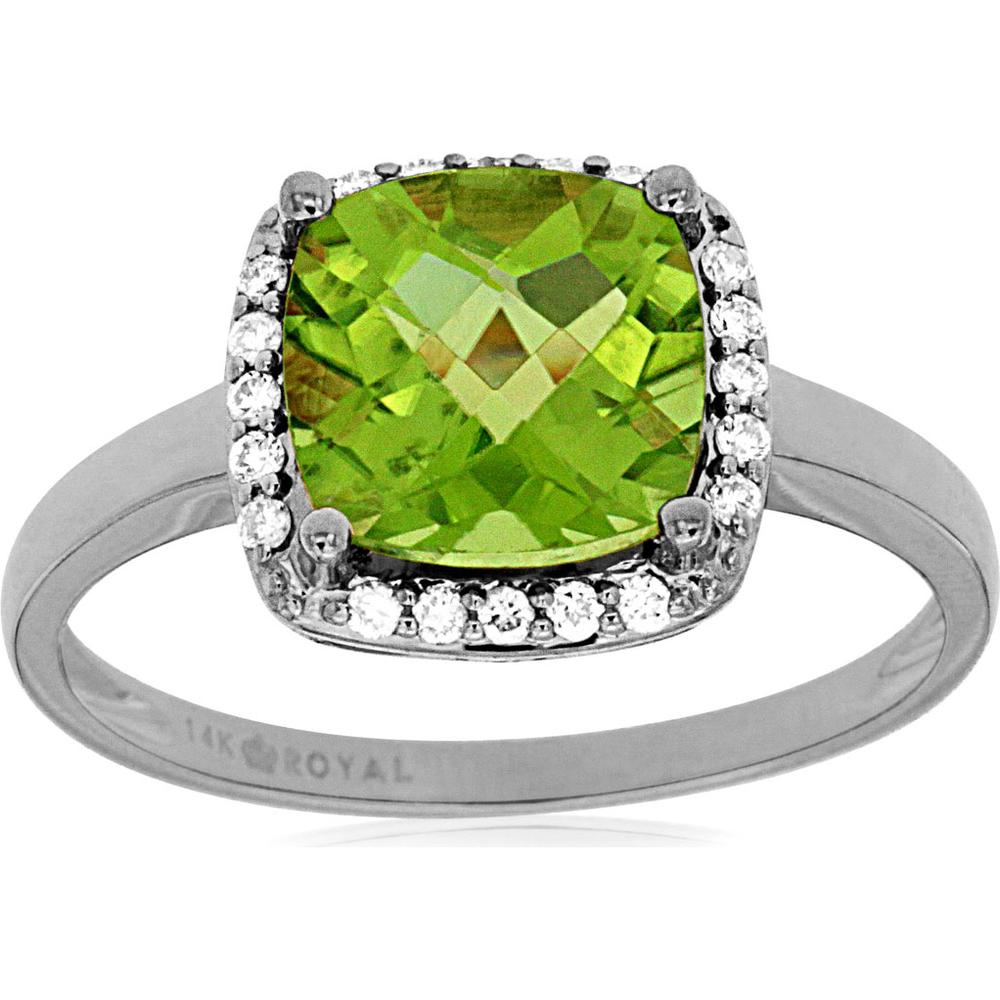 14K White Gold Cushion Cut Peridot and Diamond Halo Ring - 2.10 Carat Peridot, 0.13 Carat Diamond Total Weight - Royal Jewelry