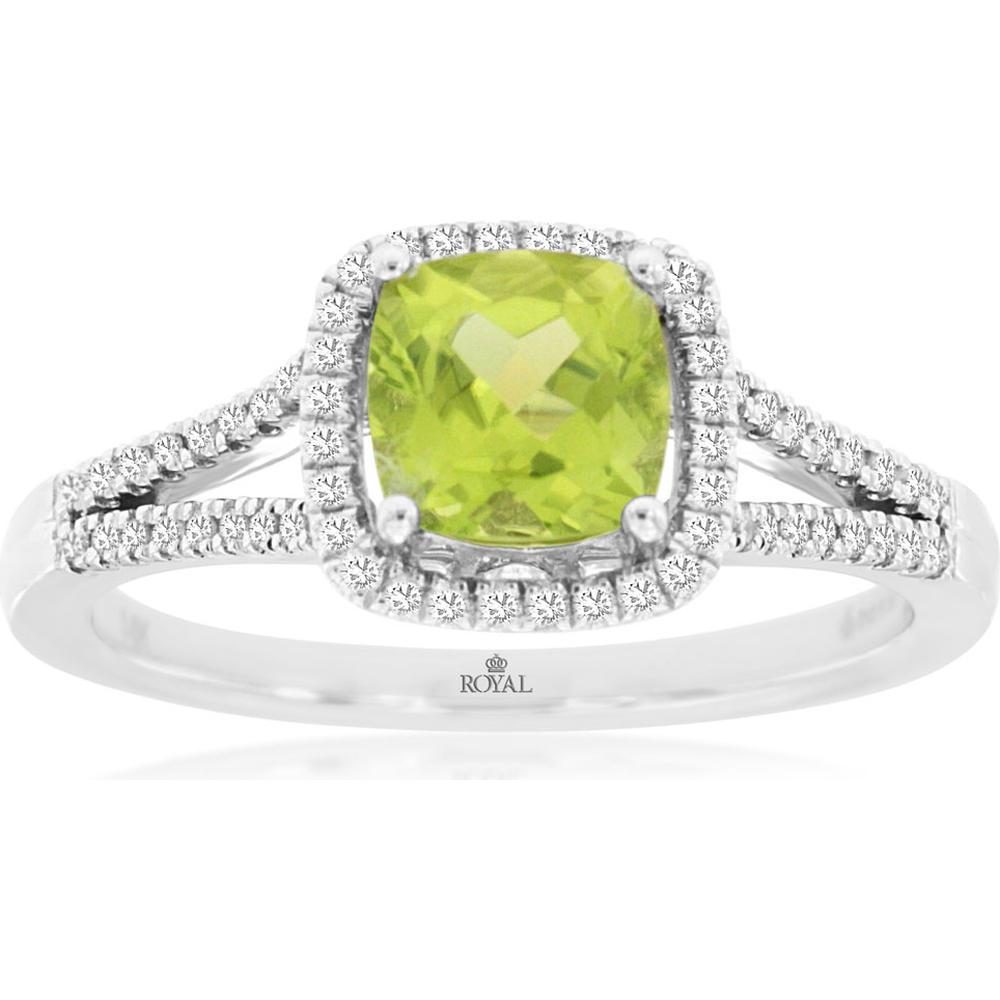 14K White Gold Cushion Cut Peridot & Diamond Halo Ring with Split Shank Diamonds - 1.10 Carat Peridot, 0.20 Carat Total Diamond Weight - Royal Jewelry