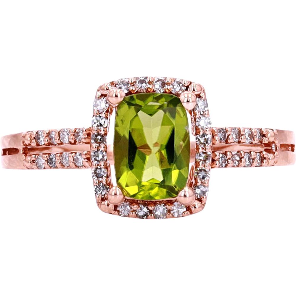 14K White Gold Cushion-Cut Peridot Halo Ring with Split Shank and Diamond Accents - 0.17 Carats Total Diamond Weight