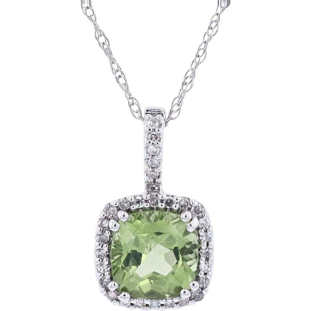 14K White Gold Cushion-Cut Peridot Pendant with Diamond Halo - 0.09 Carats Total Diamond Weight