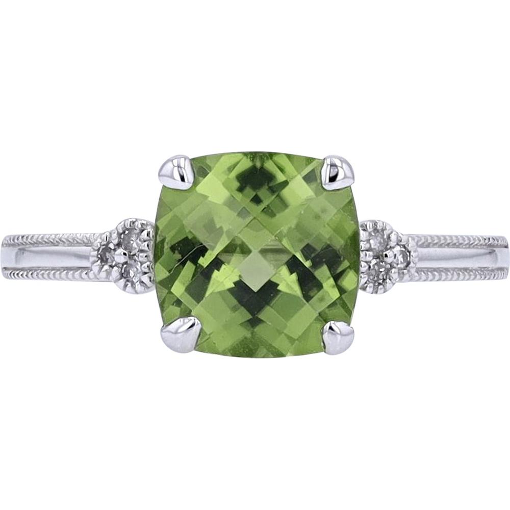 14K White Gold Cushion Cut Peridot Ring with Diamond Accents - 0.03 Carat Total Diamond Weight