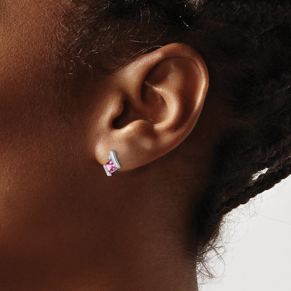 14K White Gold Cushion Cut Pink Sapphire and Diamond Earrings - 0.05 Carat Total Sapphire Weight, 0.0125 Carat Total Diamond Weight by Oro Pregiato