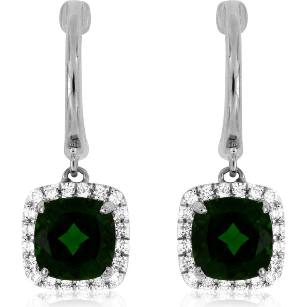 14K White Gold Cushion-Cut Russalite and Diamond Halo Drop Earrings - 2.00 Carat Total Russalite Weight, 0.21 Carat Total Diamond Weight - Royal Jewelry