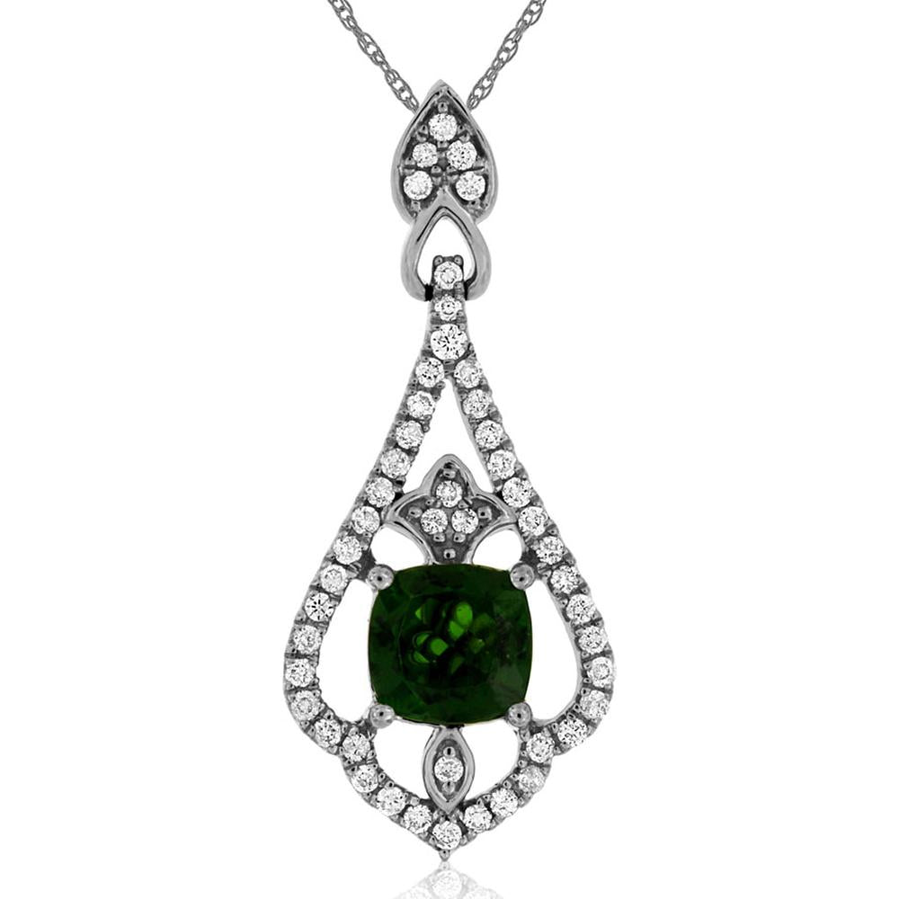 14K White Gold Cushion Cut Russalite and Diamond Halo Teardrop Pendant Necklace - 1.00 Carat Russalite, 0.29 Carat Diamond Total Weight - Royal Jewelry