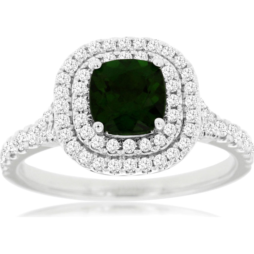14K White Gold Cushion-Cut Russalite and Double Halo Diamond Ring - 1.00 Carat Russalite and 0.50 Carat Total Diamond Weight - Royal Jewelry