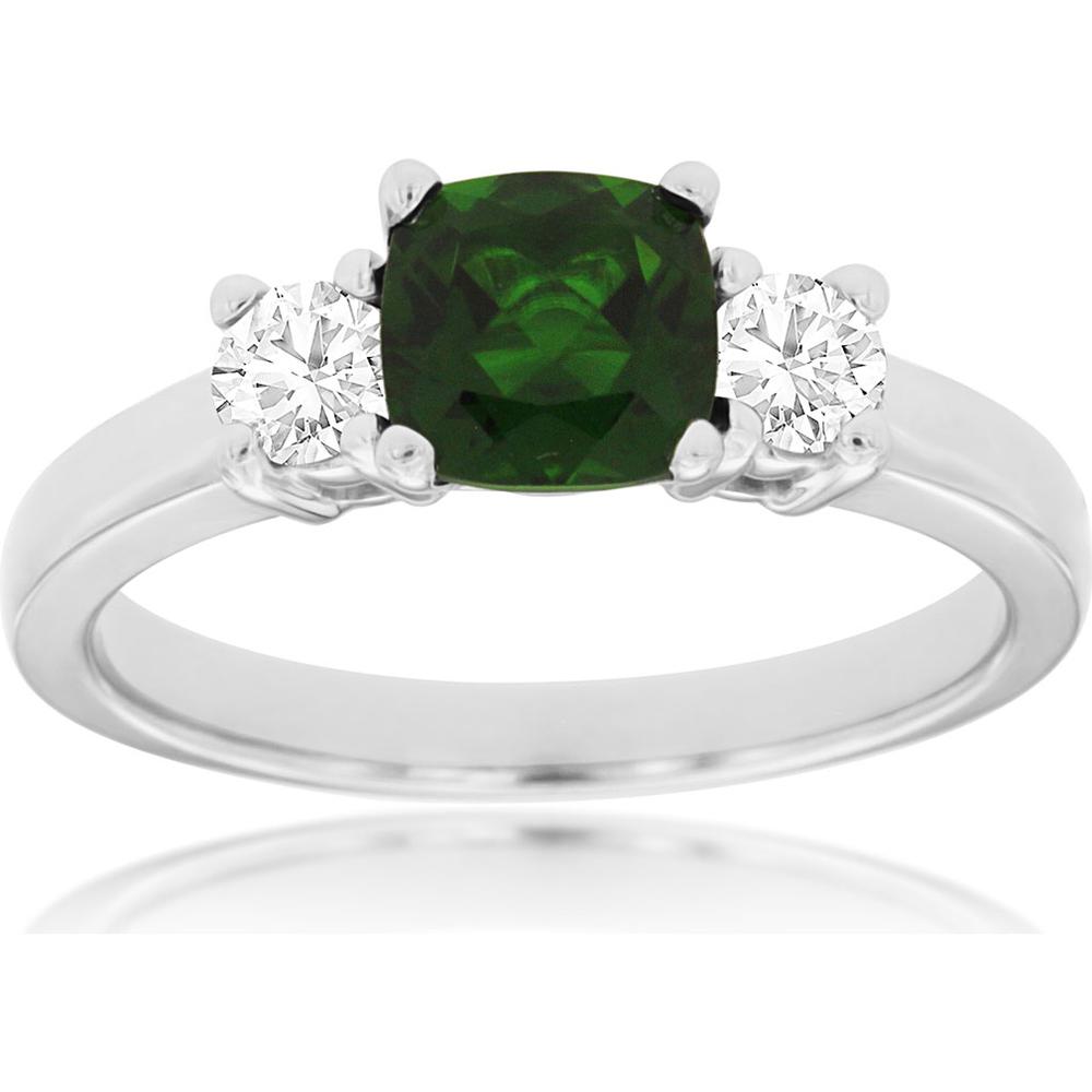 14K White Gold Cushion Cut Russalite and Round Diamond Three-Stone Ring - 1.00 Carat Russalite and 0.30 Carat Total Diamond Weight - Royal Jewelry