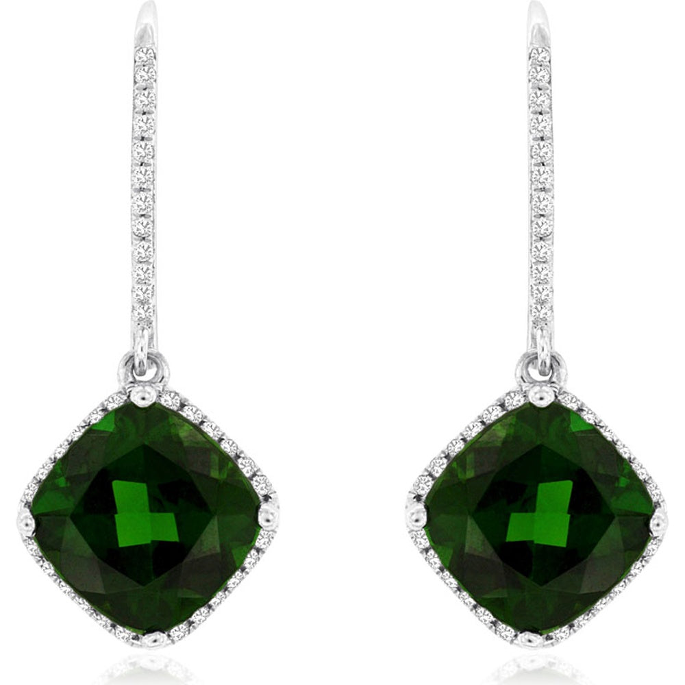 14K White Gold Cushion Cut Russalite Drop Earrings with Diamond Halo - 4.30 Carat Total Russalite Weight and 0.21 Carat Total Diamond Weight - Royal Jewelry