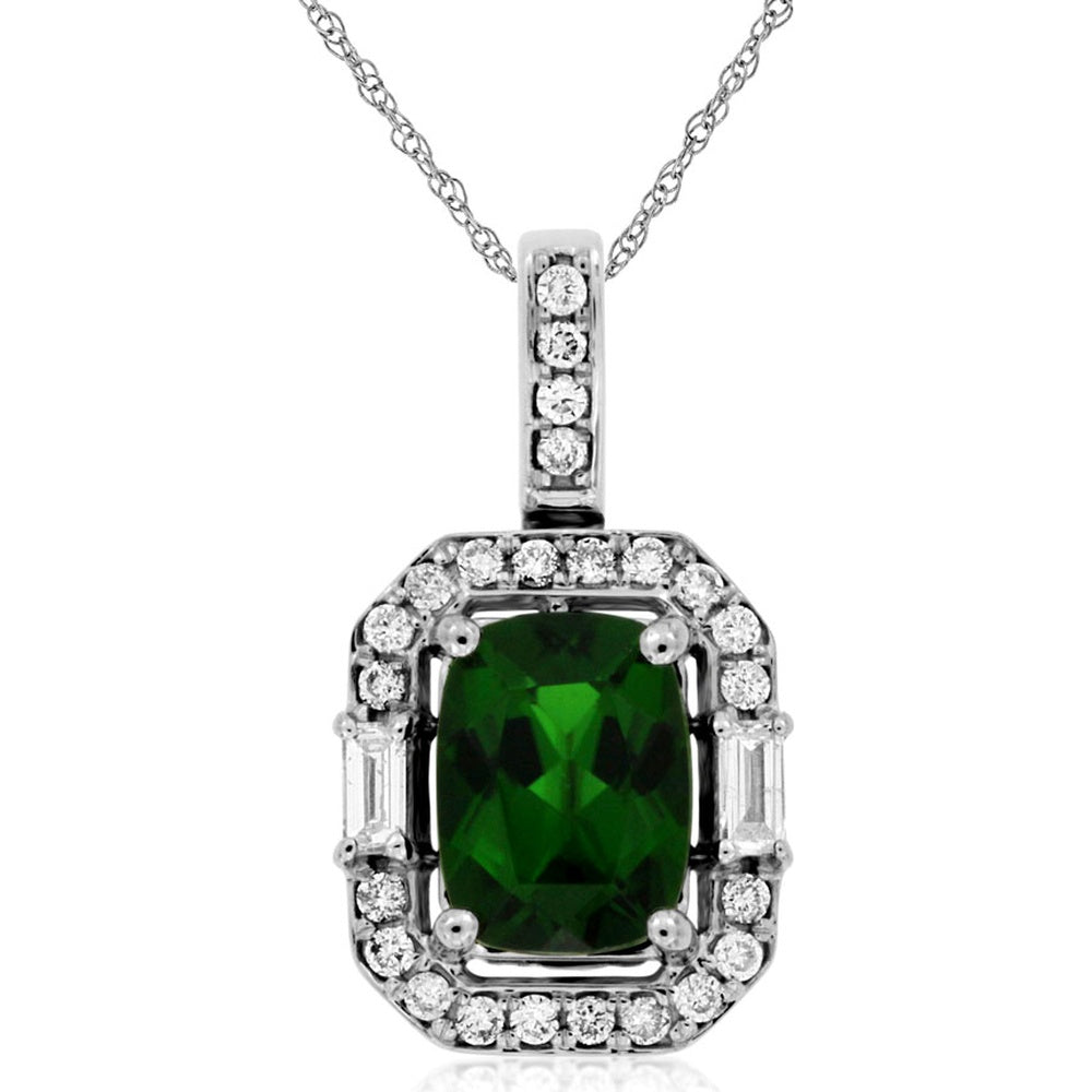 14K White Gold Cushion Cut Russalite Pendant with Baguette and Round Diamond Halo - 1.60 Carat Russalite and 0.27 Carat Total Diamond Weight - Royal Jewelry