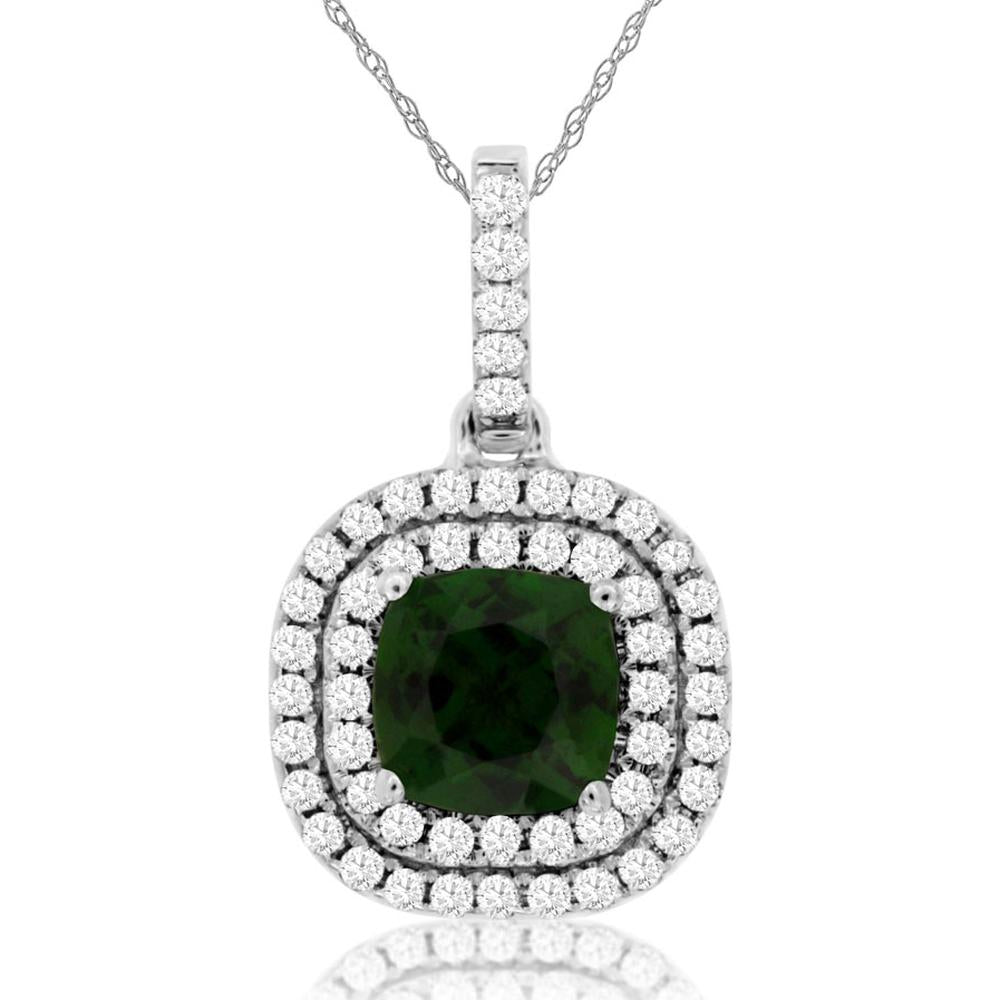 14K White Gold Cushion Cut Russalite Pendant with Double Halo Round Diamonds - 1.00 Carat Russalite & 0.30 Carat Diamond Total Weight - Royal Jewelry